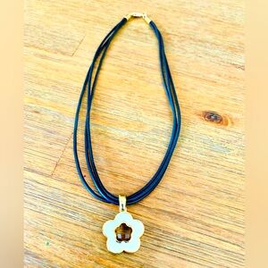 Gold white enamel gemstone Flower Pendant cord Necklace